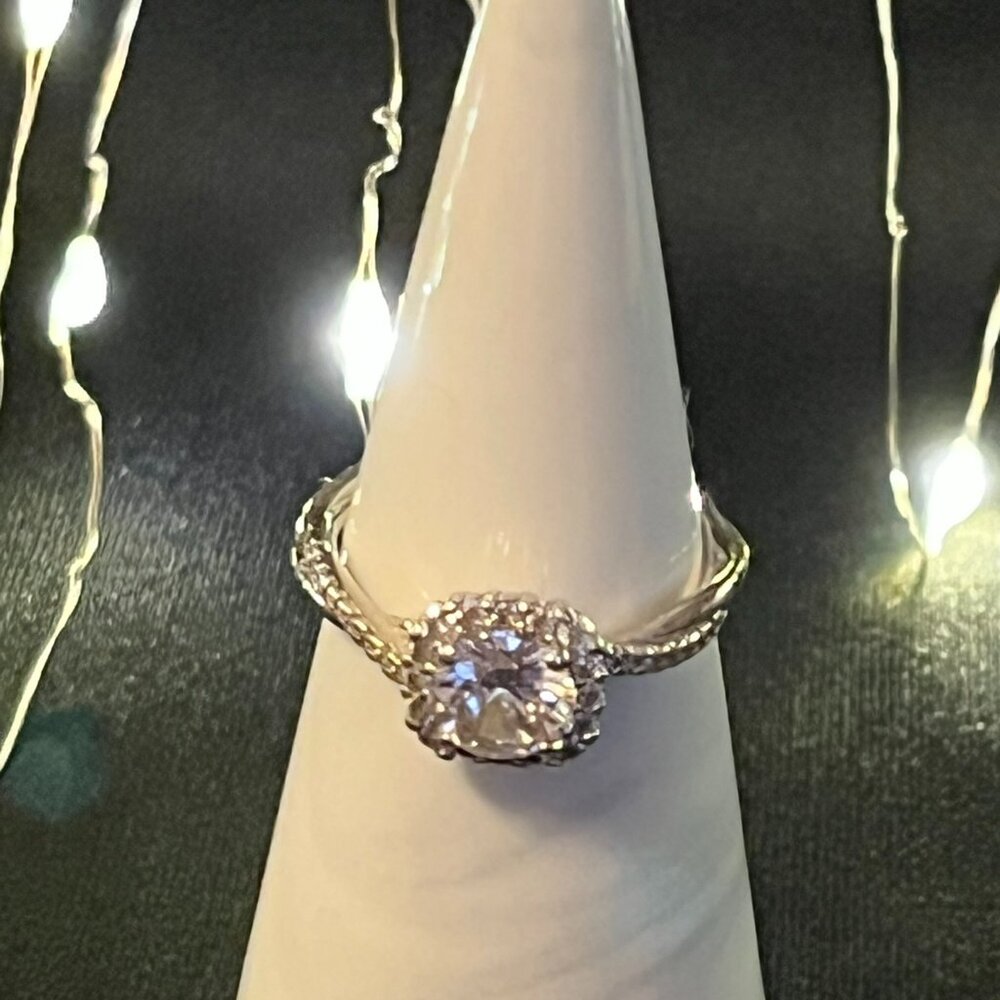 Sterling Silver Cubic Zirconia Halo Solitaire Ring – Size 8, Stamped 925